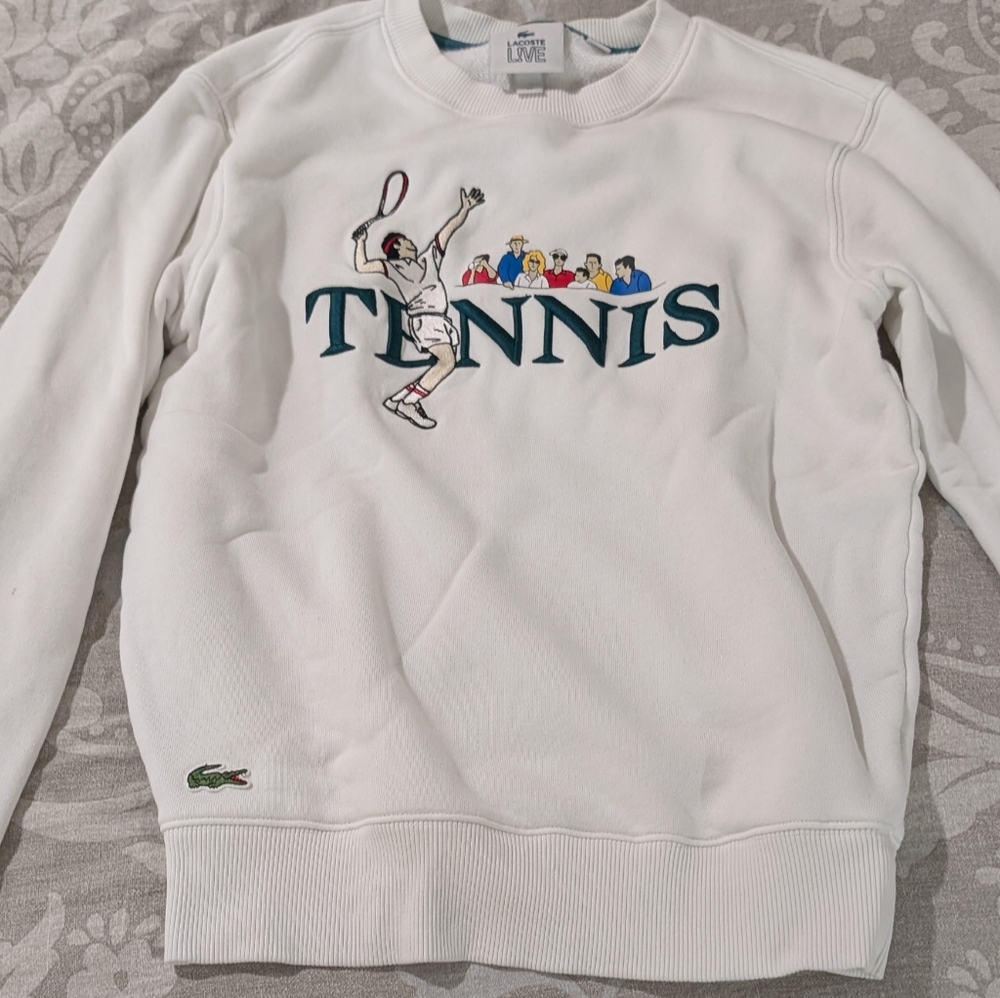 Lacoste Live White Crewneck Sweater with Tennis Graphic Size XS